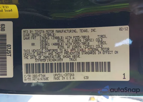 2012 Toyota Tundra Grade 4.6L V8 z USA, uszkodzony, nr VIN 5TFRM5F19CX041859